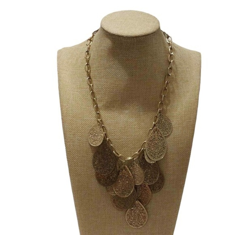 Treska Gold Tone Filigree Teardrop Bib Statement Necklace Boho Tiered Laser Cut